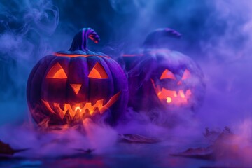 Two pumpkins in eerie blue smoke, casting a ghostly glow on a mysterious Halloween night