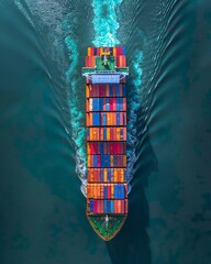 Wall Mural - top view of cargo container ship at sunset