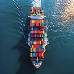 Wall Mural - top view of cargo container ship at sunset