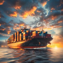 Wall Mural - cargo container ship at sunset