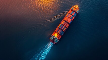 Wall Mural - top view of cargo container ship at sunset