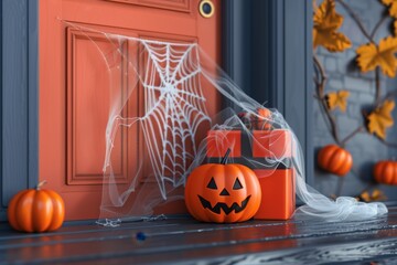 Wall Mural - halloween pumpkin and gift in front of the front door