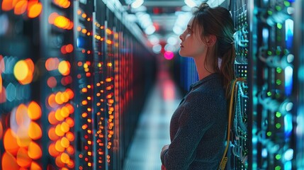 Poster - IT engineer woman working in a data center with rows of blinking servers, colorful cables, and screens displaying lines of code, illustrating the complexity of digital infrastructures. Generative AI.