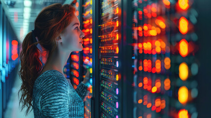 Fototapete - IT engineer woman working in a data center with rows of blinking servers, colorful cables, and screens displaying lines of code, illustrating the complexity of digital infrastructures. Generative AI.