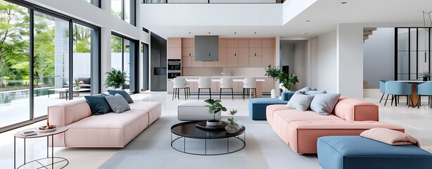 Wall Mural - Modern living room with a spacious layout, pastel tones of soft pink and cream, contrasting with a dark and light blue sofa, floor-to-ceiling windows, and contemporary furniture, copy space for text,