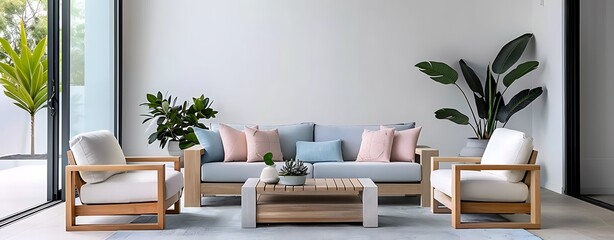 Wall Mural - Modern living room with a spacious layout, pastel tones of soft pink and cream, contrasting with a dark and light blue sofa, floor-to-ceiling windows, and contemporary furniture, copy space for text,