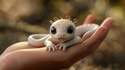 Poster - A small white geckole sitting on top of a person's hand