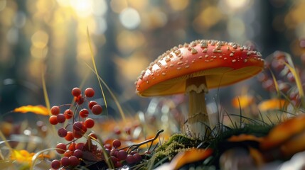 Canvas Print - A mushroom with red berries on the ground