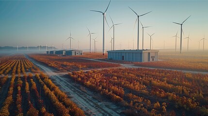 Aufkleber - An electric landscape with rectangular fields of containers with a wind turbine behind them. Generative AI.