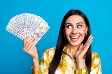 Sticker - Photo of glamour elegant successful woman wear trendy clothes look money salary savings deposit isolated on blue color background