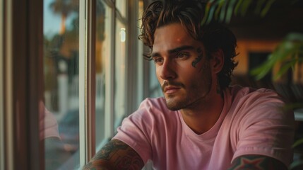 Calm man in pink t-shirt with tattoo on arms looking through window contemplating life and finding peace in quiet moments