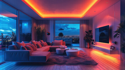 Poster - Modern home illuminated by neon tech symbols, vibrant colors. Generative AI.