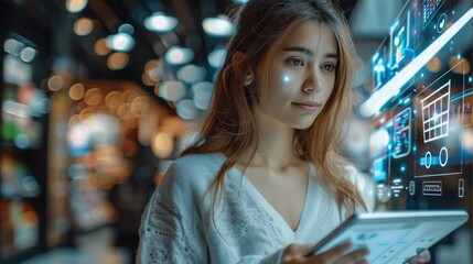 A woman engaged in digital payments via tablet, with virtual hologram icons depicting online shopping and customer connectivity. Generative AI.