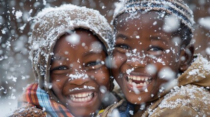 Climate changes and global warming concept. African Kids Enjoying Snowfall on Nature. Generative ai