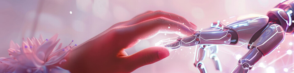 Wall Mural - A human hand reaches out towards a robotic arm, both glowing brightly in a pink, futuristic setting