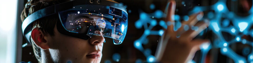 Wall Mural - A young man wearing a virtual reality headset interacts with a digital network of glowing blue lights