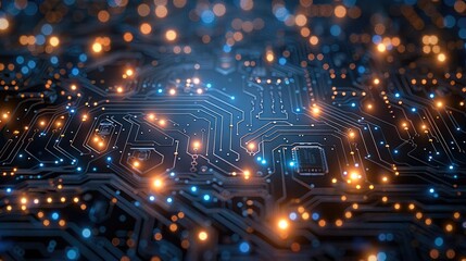 Poster - A chip made of shining lights in outer space. colors bright blue. Generative AI.