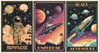 © Creative_Juice_Art - Astronaut in space retro Posters, backgrounds, covers vector set. Space and the universe concept. Cosmonaut in spacesuit walking by alien planet, spaceship flying. Vintage style illustrations.