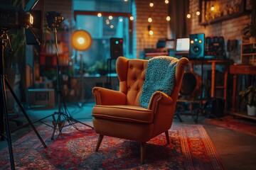 Cozy late-night video recording studio with warm lighting and modern decor. Perfect for creative production environments.