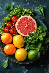 Wall Mural - Colorful Citrus Fruits and Green Leaves on a Plate