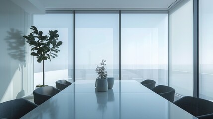 Wall Mural - A minimalist dining area with smart glass windows that tint on demand and a sleek ceramic table