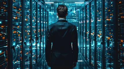 Fototapete - Cybersecurity businessman wearing black suit teams, working on data control center with artificial intelligence. Generative AI.
