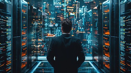 Fototapete - Cybersecurity businessman wearing black suit teams, working on data control center with artificial intelligence. Generative AI.