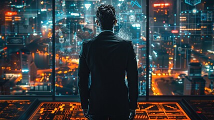 Fototapete - Cybersecurity businessman wearing black suit teams, working on data control center with artificial intelligence. Generative AI.