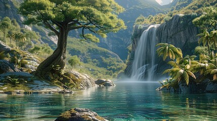 Wall Mural - A river with a large rock in front plane leaning on a small tree in the water, further away in the distance is a waterfall. Generative AI.