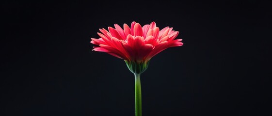 Canvas Print - Vibrant Red Gerbera Daisy on Black Background Highlighting Petal Details and Stem