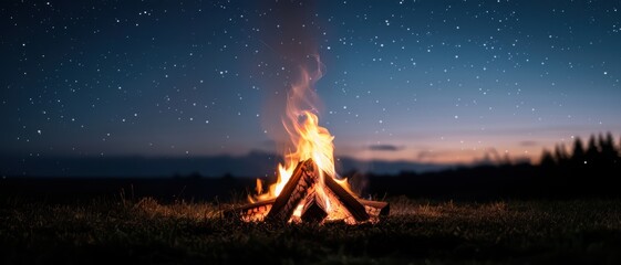 Poster - Cozy Campfire Under a Starry Night Sky in a Tranquil Outdoor Setting