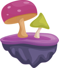 Wall Mural - Two cartoon mushrooms growing on a floating island with purple soil against a white background