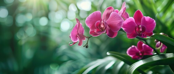 Canvas Print - Beautiful Pink Orchids in Bloom with Lush Green Foliage and Sunlight in the Background