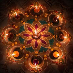 Wall Mural - a colorful mandala with lit candles, creating a warm and festive atmosphere.