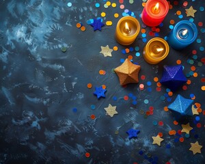Wall Mural - a festive background with burning candles, confetti, and stars. perfect for holiday or celebration t