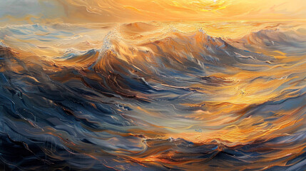 Poster - A painting of a wave with a sunset in the background