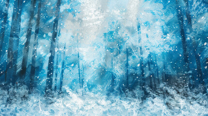 Poster - A painting of a snowy forest with a blue sky