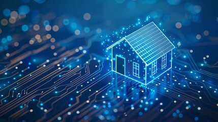 A futuristic digital house icon on a circuit board, representing smart home technology.