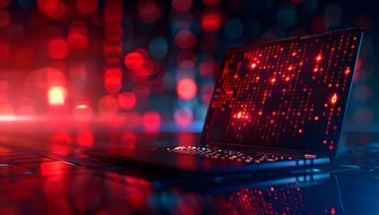 Wall Mural - Close-up of a laptop with red and blue bokeh lights in the background, suggesting cyber security or hacking themes.