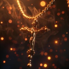 Wall Mural - a gold crucifix necklace with a bokeh background of warm light and smoke.