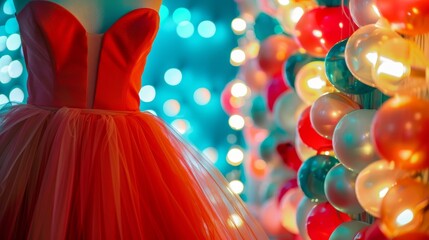 Wall Mural - a red dress on a mannequin with colorful string lights in the background. the lights create a festiv