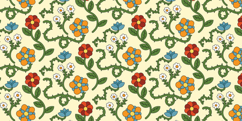 Seamless pattern with flowers, leaves and stems in trendy groovy retro trippy psychedelic style. Botanical floral vector hippie 70s 80s elements.