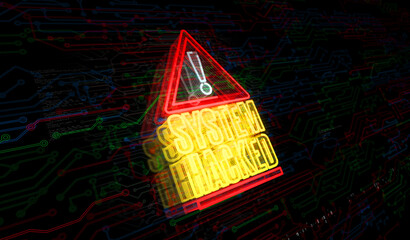 Sticker - System hacked warning and security breach alert symbol digital concept. Network, cyber technology and computer background abstract 3d illustration.