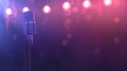 Wall Mural - a vintage microphone stands on a stage bathed in soft, purple and pink light. the background is blur
