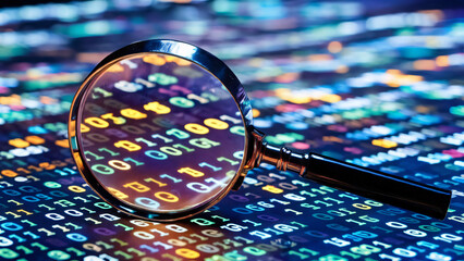 Magnifying glass focusing on colorful binary code, representing data analysis, cybersecurity, and code investigation.