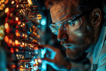 A man in a lab coat is looking at a computer monitor with a bright blue background