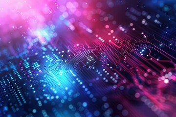 Wall Mural - abstract background of a circuit board with glowing blue and pink lights.