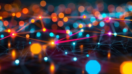 Wall Mural - abstract background with colorful bokeh lights and glowing lines, representing connectivity and tech