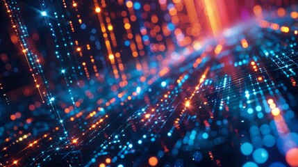 Wall Mural - abstract background with glowing lines and particles in blue, orange and red.