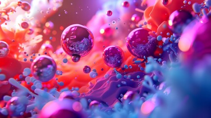 Wall Mural - abstract background with vibrant colors and iridescent spheres floating in a swirling, dynamic envir